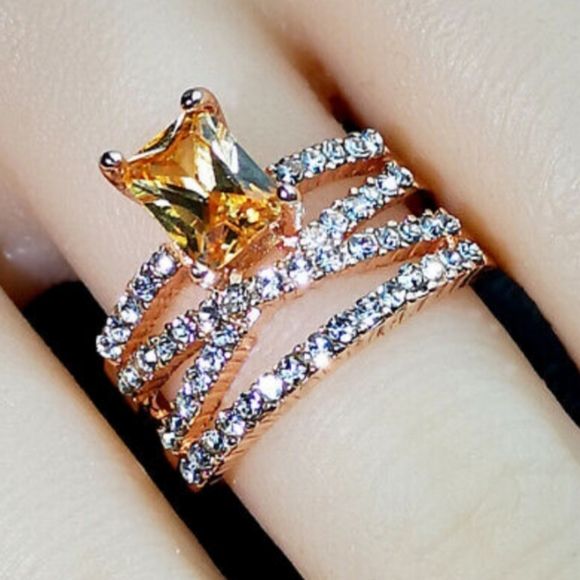 Emerald Cut Citrine and Diamond Triple Band Ring - Picture 2 of 8